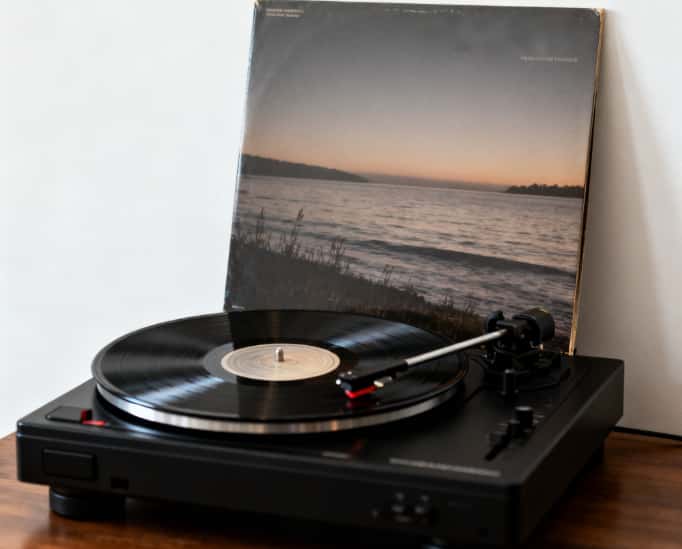 Vinyl record player with curated calming music to create a tranquil Sunday ambiance at home.