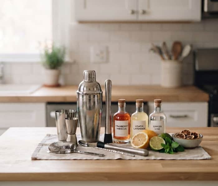 Cocktail making set with shaker, labeled bottles, and fresh fruit on wooden counter