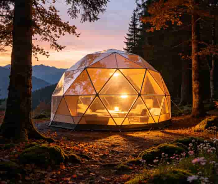 Glamping geodesic dome tent glowing with warm light in a forest setting at dusk