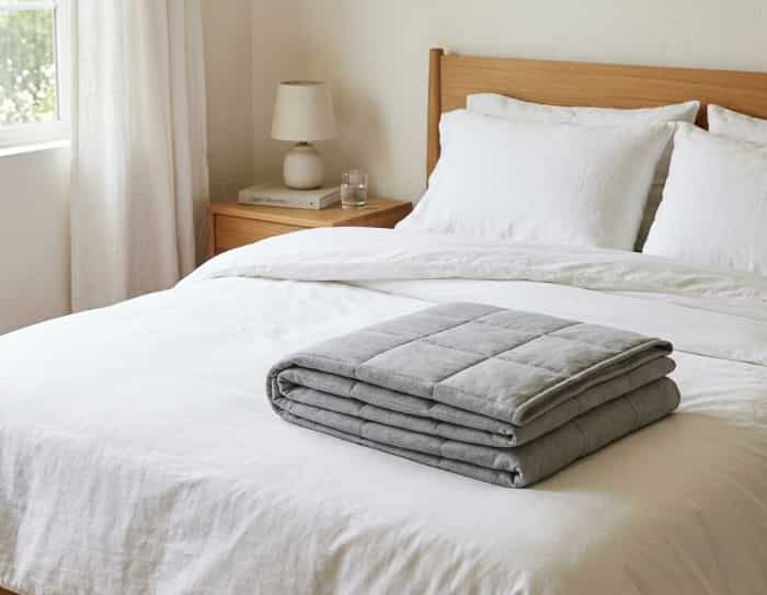 Folded gray weighted blanket at edge of bed