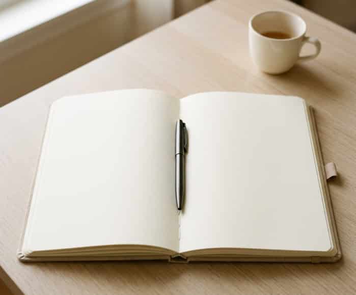 Hardcover guided journal and pen resting on clean desk surface