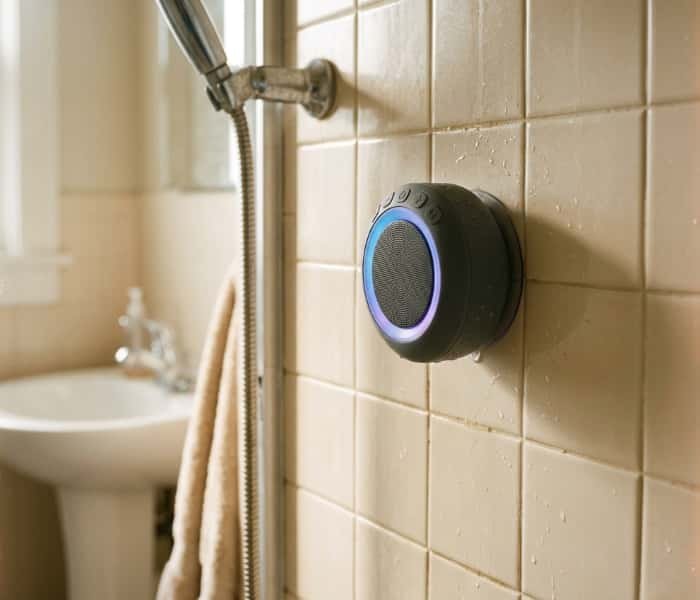 Waterproof Bluetooth shower speaker mounted on bathroom wall