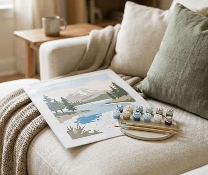 Custom paint by numbers landscape art kit on couch
