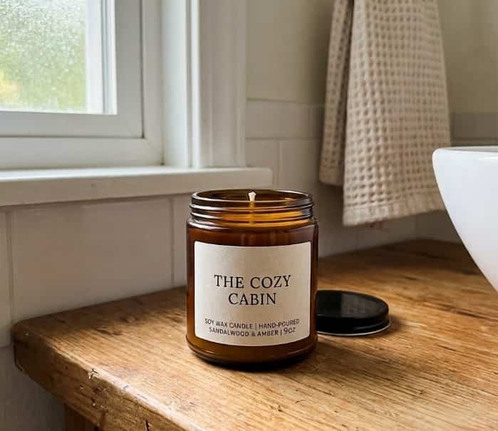 Custom label soy candle on wooden bathroom counter