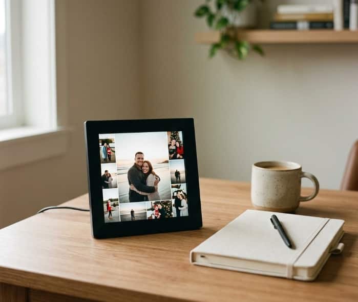 Preloaded digital photo frame with couple photos on desk