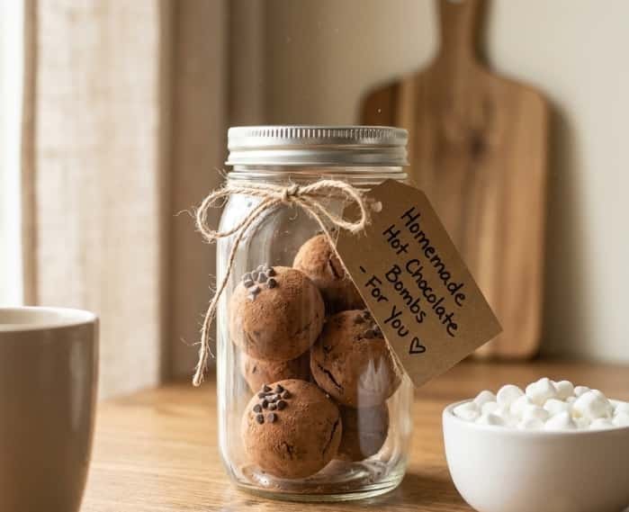 Glass jar filled with handmade DIY hot chocolate bombs