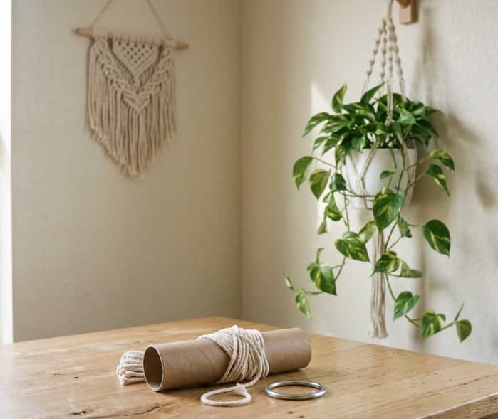 DIY macrame plant hanger kit with completed pothos planter