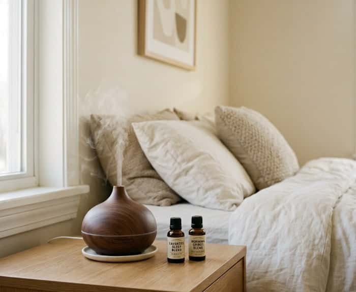 Mini wood grain aromatherapy diffuser on bedroom nightstand