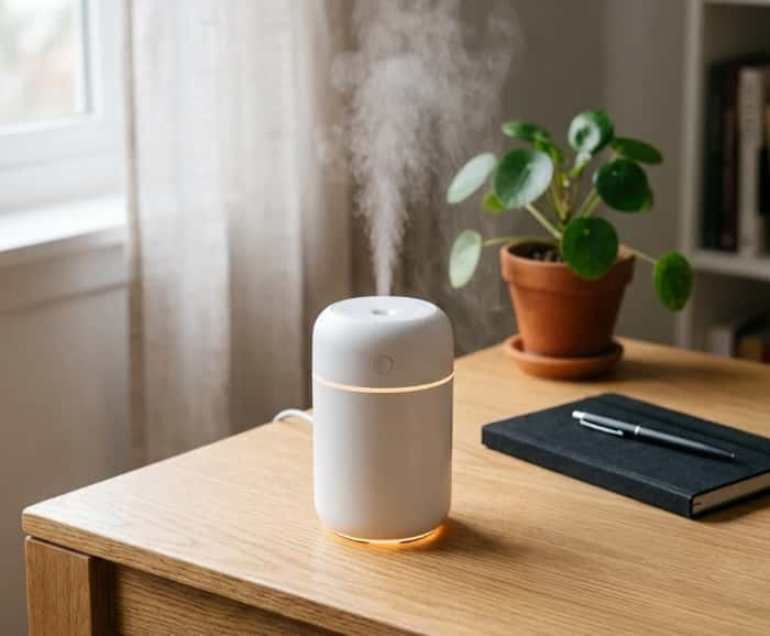 White humidifier emitting mist on wooden desk