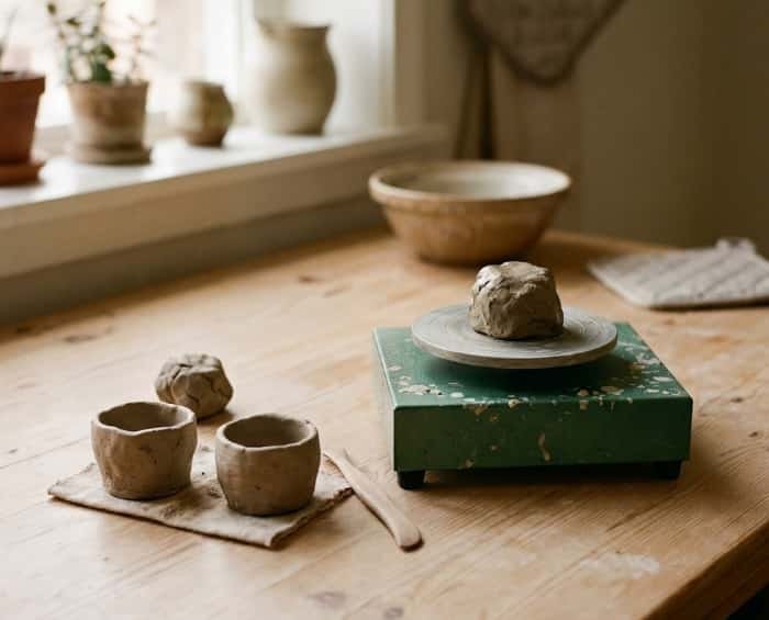 Mini tabletop pottery wheel with handmade clay cups