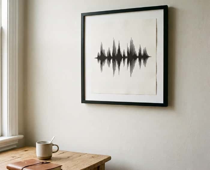 Framed custom soundwave print on wooden desk