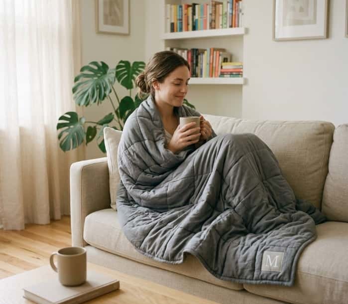 Woman wrapped in a personalized embroidered weighted blanket