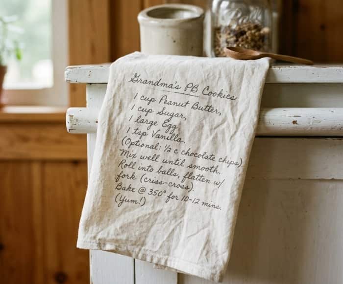 Custom printed handwritten recipe tea towel in kitchen