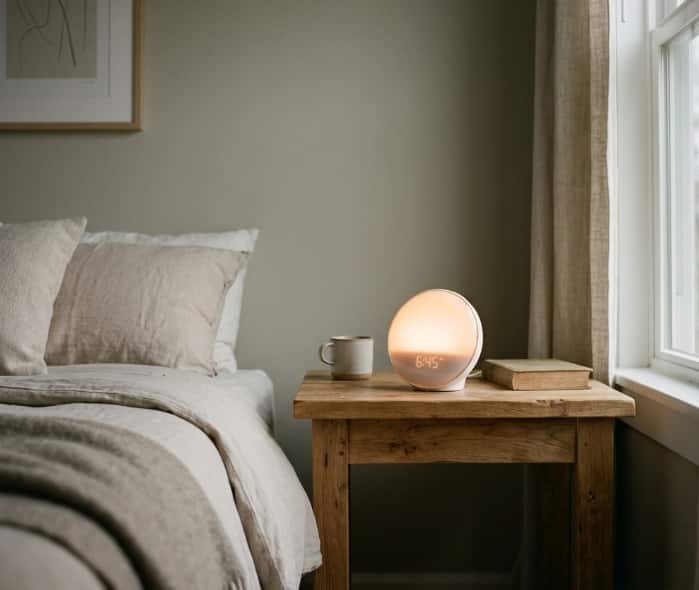 Sunrise alarm clock on wooden bedroom nightstand