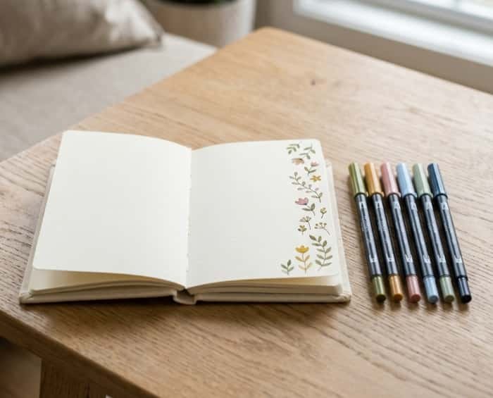 Watercolor brush pens next to travel size journal