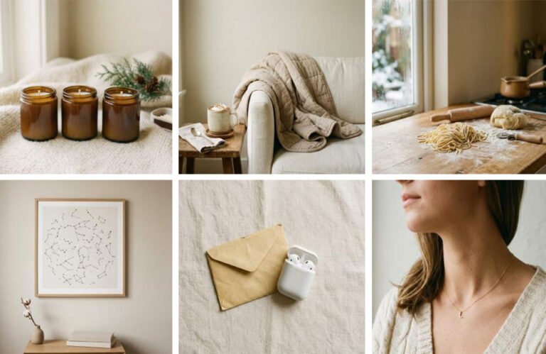 Collage of six cozy winter anniversary gift ideas for your girlfriend