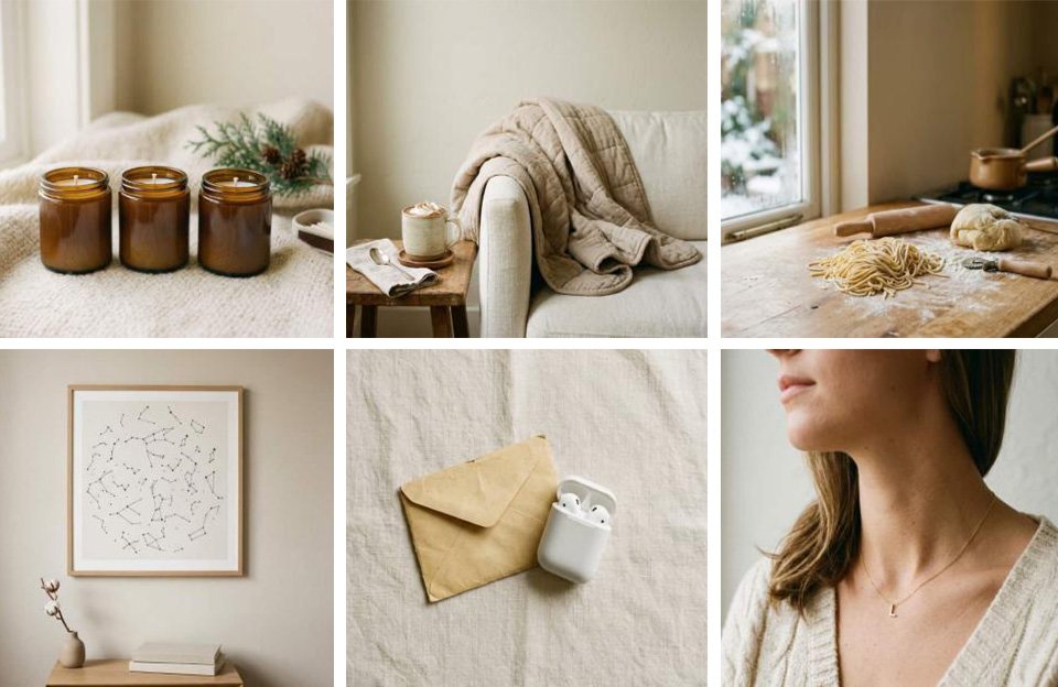 Collage of six cozy winter anniversary gift ideas for your girlfriend