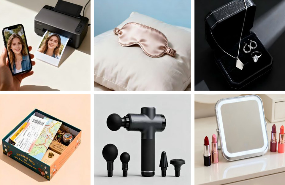 Curated collage of thoughtful, luxurious gifts for her