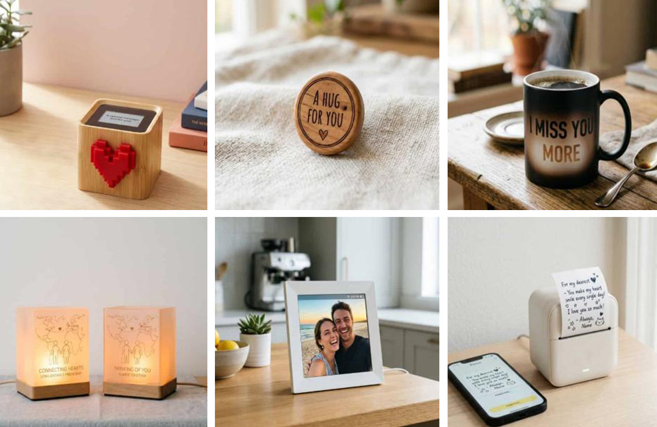 Six-gift collage featuring long-distance relationship presents for her