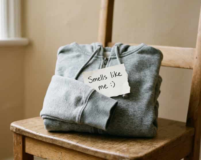 A grey hoodie sprayed with cologne folded on a chair with a romantic handwritten note