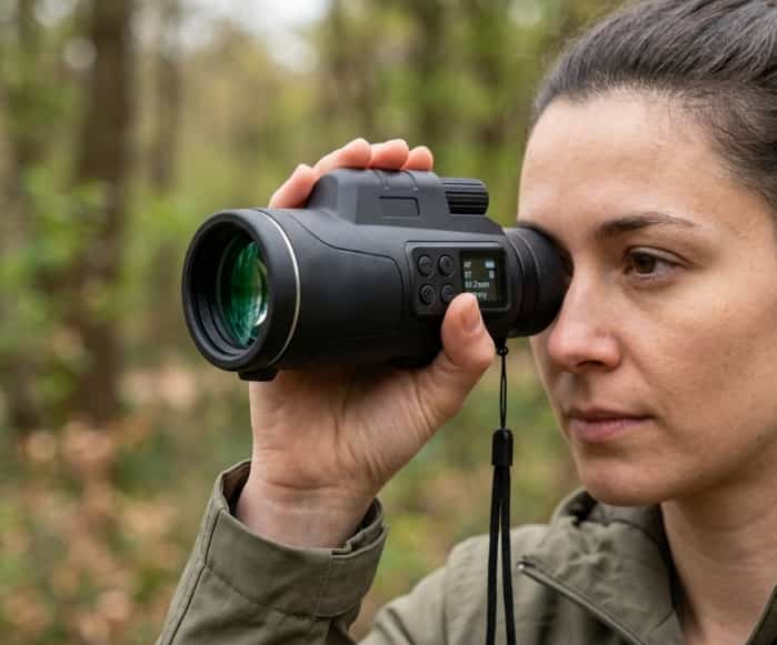 Woman using an AI-powered nature monocular with a digital screen in a forest