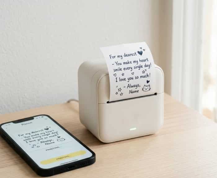 An app-controlled small thermal printer on a wooden desk, printing out a cute love note next to a smartphone