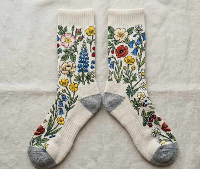 Merino wool hiking socks with artist-designed wildflower pattern