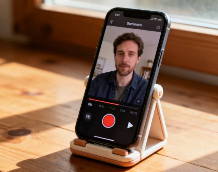 Smartphone mounted on a stand for recording video messages