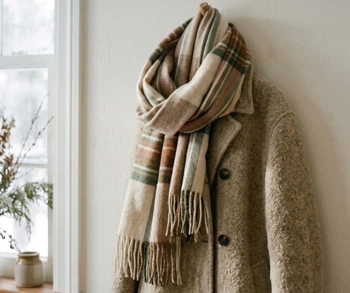 Plaid scarf draped over beige wool coat beside sunlit window