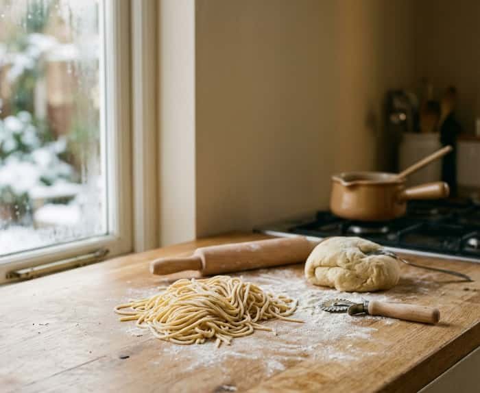 Fresh handmade pasta and dough on wooden kitchen counter