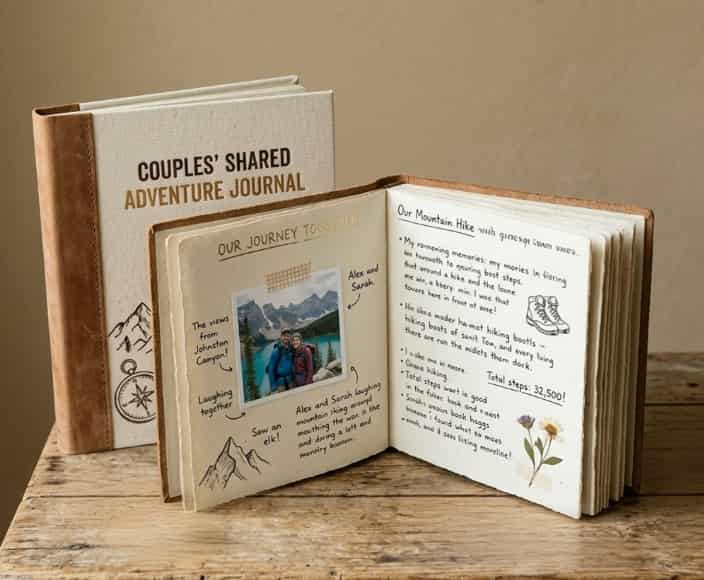 Open and closed copies of "Couples' Shared Adventure Journal" on a wooden table