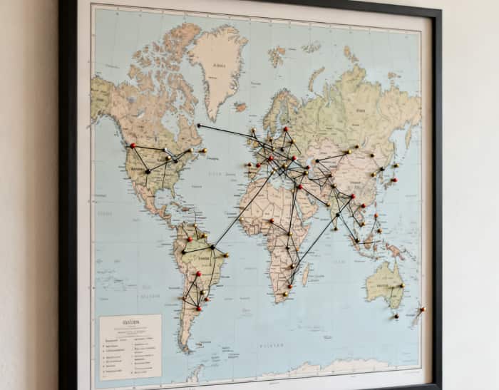 Custom world map wall art marking a couple's travel memories