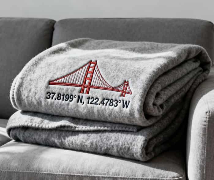 Close-up of a cozy gray throw blanket with embroidered GPS coordinates