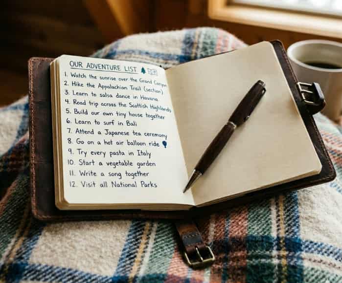 An open custom couple's bucket list journal with a handwritten adventure list and a wooden pen lying across the blank page
