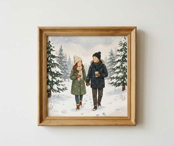 Custom couple illustration framed art walking in snowy woods