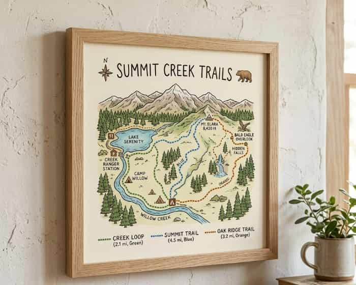 Custom illustrated trail map print in a simple wooden frame