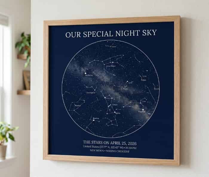 Framed custom night sky star map print featuring constellations on a dark blue background