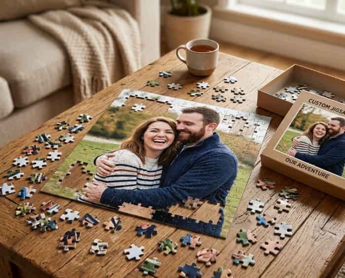 A partially finished custom photo jigsaw puzzle of a couple on a wooden coffee table