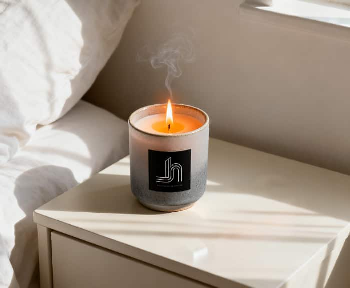 Personalized candle with his signature scent flickering on a bedside table