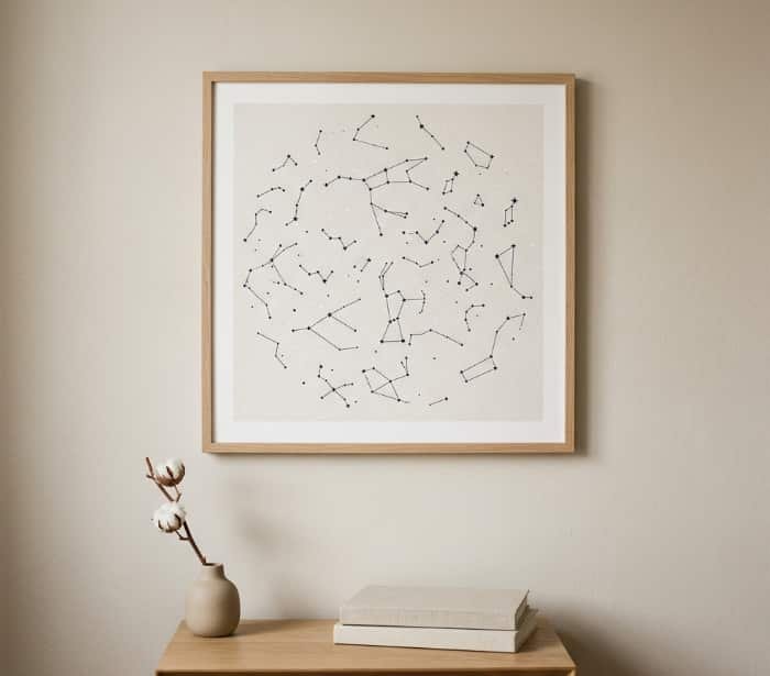 Framed constellation star map art hanging above wooden nightstand