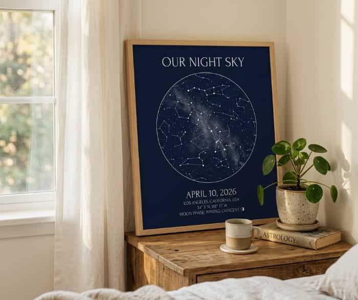 A framed custom star map print on a nightstand