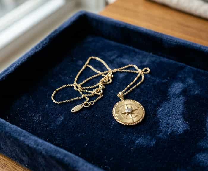 Gold compass necklace with a delicate chain on a blue velvet jewelry tray