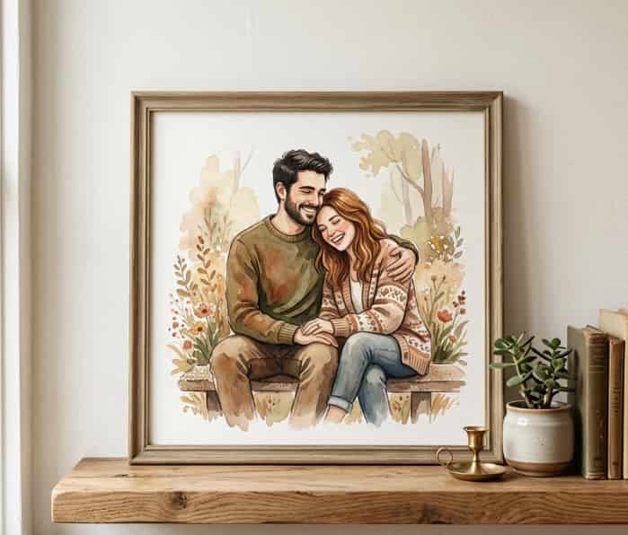 Framed watercolor couple portrait illustration on a wooden shelf next to a small plant and vintage books