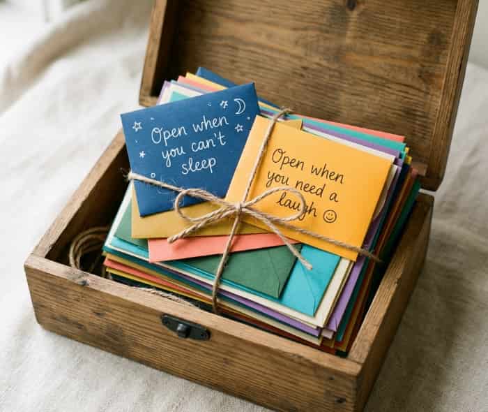 A rustic wooden box with colorful "Open When" envelopes tied with twine