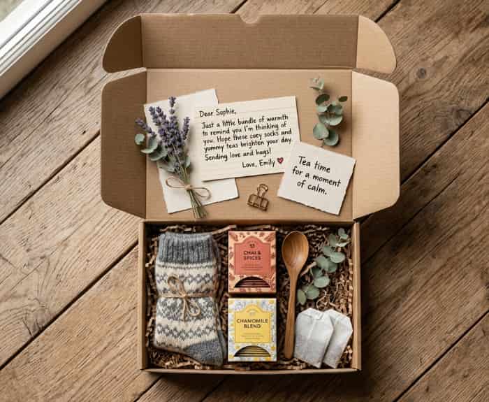 Flat lay of a care package with tea, fuzzy socks, and handwritten notes on a wooden floor