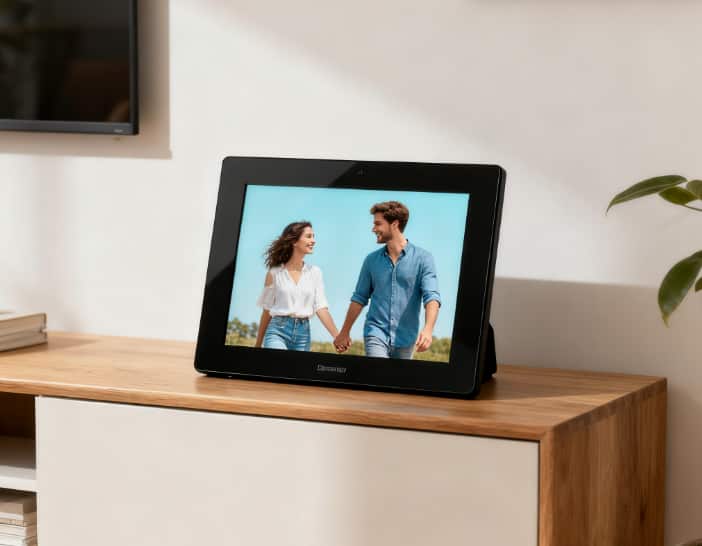 Wi-Fi photo frame displaying a couple's pictures in a living room
