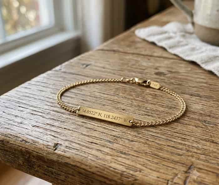 A delicate gold long-distance coordinate bracelet engraved with geographic coordinates, resting on a rustic wooden table
