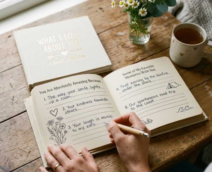 An open "What I Love About You" book with handwritten answers, a pen lying across the page