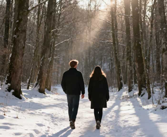 Couple holding hands during a peaceful forest walk in snowy woods