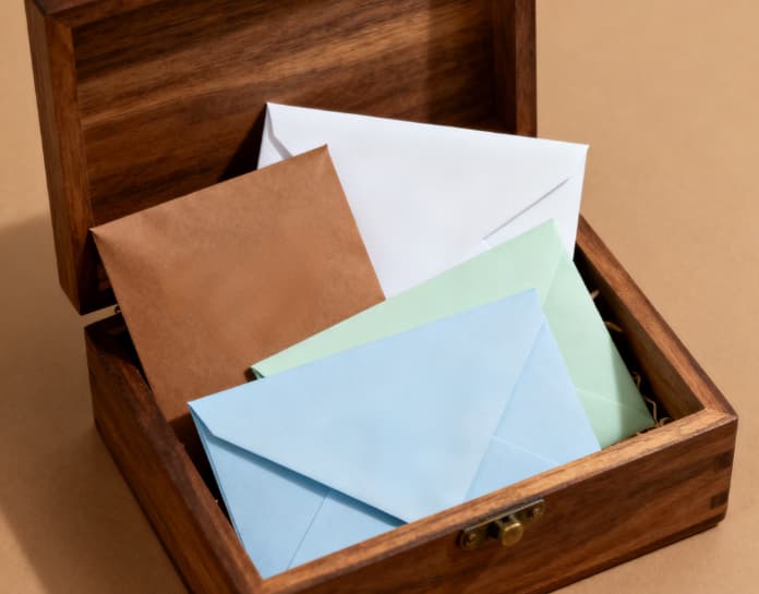 Wooden box filled with envelopes containing creative date ideas